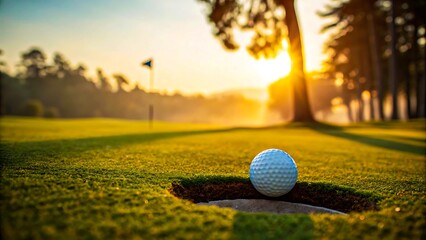 Golf ball near hole on course at sunset
