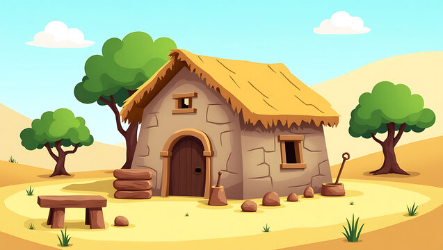 A peaceful countryside escape: a charming white cottage with a red-tiled roof stands near a majestic waterfall hidden in the forest. A shiny red car is parked