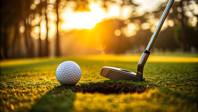 Golf ball and putter on course at sunset
