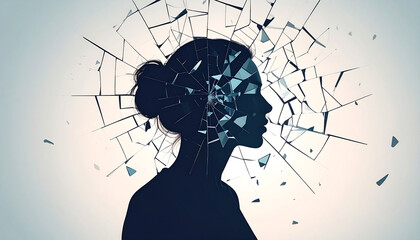 A profile view of a woman's silhouette is digitally illustrated shattering into radiating glass shards, powerfully conveying intense psychological breakdown against a light blue background.
