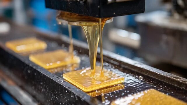A candy molding machine dispenses bright syrup into trays, forming perfectly shaped sweets as droplets harden.