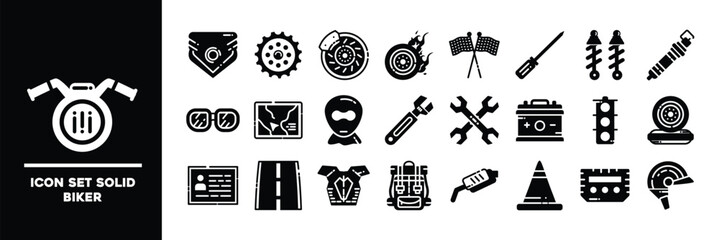 Solid Style Biker Icon Set Featuring Tools, Accessories, and Equipment.