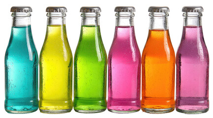 Row of colorful glass bottles filled with vibrant soda