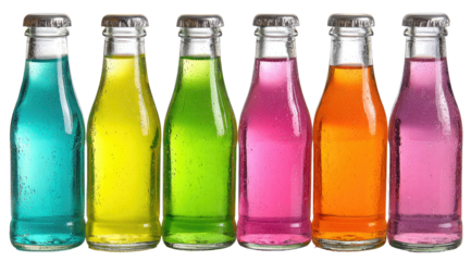 Row of colorful glass bottles filled with vibrant soda