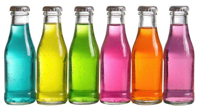 Row of colorful glass bottles filled with vibrant soda