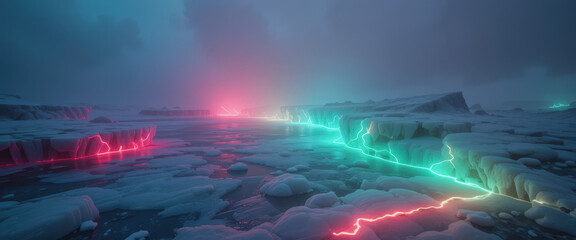 Fototapeta premium Illuminated ice cracks polar region digital art mysterious atmosphere aerial view futuristic concept