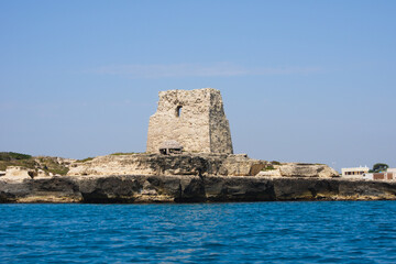 Roca Vecchia, Salento, Italy - Ruins of ancient coastal watchtower in the archaeological area.