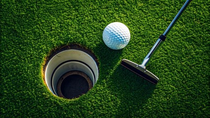 Golf ball near hole with putter on green grass
