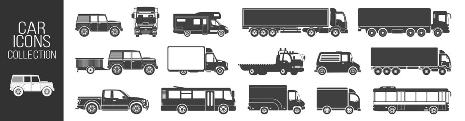 Truck, pickup, van, bus and trailer silhouette set on transparent background