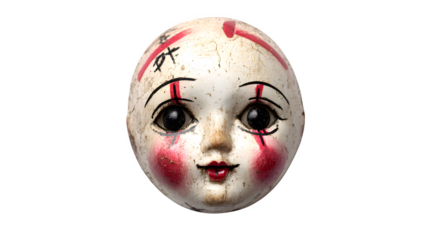 Hauntingly vintage porcelain doll face with cracked texture and eerie red accents evokes mystery isolated on white background 