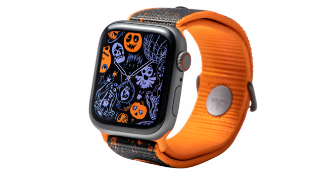 Spooky smart watch with Halloween theme band, perfect for festive tech enthusiasts and seasonal style isolated on white background 