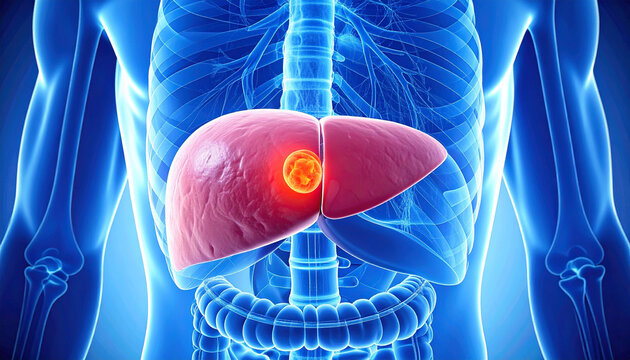 A detailed 3d medical rendering illustrating a serious liver tumor glowing intensely red within a clinical blue male torso visualization on an abstract dark background.