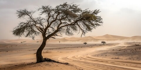 Lone desert acacia tree stands resilient against a dusty windblown landscape with tire tracks leading towards distant dunes under a muted sky