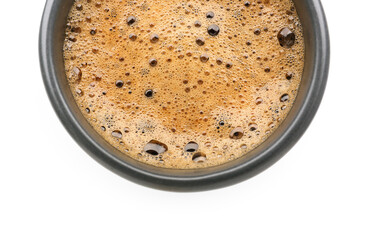 Cup of delicious espresso on white background, closeup