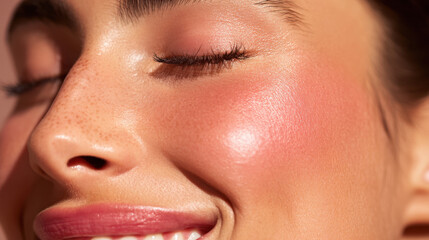 Fototapeta premium Close up of smiling woman with glowing skin, showcasing natural beauty and radiant complexion. image highlights soft features, rosy cheeks, and joyful expression, evoking sense of happiness