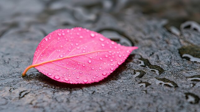 Dew kissed pink petals concept, Vibrant Pink Leaf with Water Droplets on Dark Stone Surface