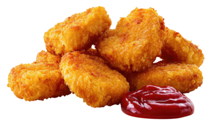 Crispy golden-brown nuggets, piled high, with a generous drizzle of ketchup