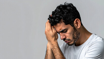 A somber, high-contrast studio close-up portrait captures a serious young man wearing a white t-shirt, clasping his hands over his head in distress against a simple gray background.
