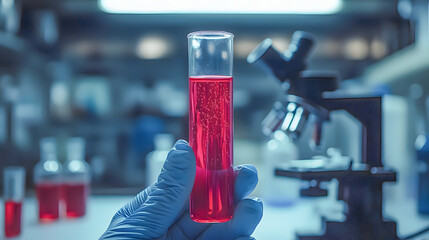 Laboratory test action holding a red tube in a scientific environment focus on hand and content type	