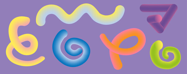 Colorful abstract shapes on purple background with curves and twists
