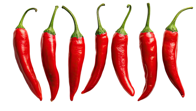 Eight vibrant red chili peppers arranged in a horizontal row against a transparent background