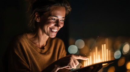 Woman smiles while interacting with digital tablet displaying glowing bar graphs, symbolizing data analysis and technology. background features blurred cityscape night, enhancing modern atmosphere
