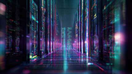 Towering virtual servers glowing with neon lights, interconnected by moving light streams, showcasing high-speed big data processing in a cutting-edge futuristic facility.