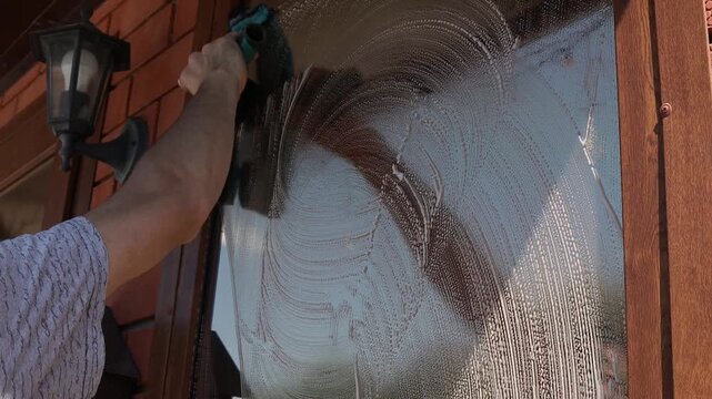 Man cleaning glass window with squeegee and foam