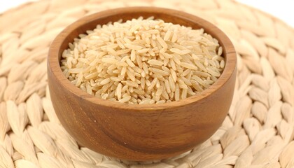 Brown rice grains in a wooden bowl.