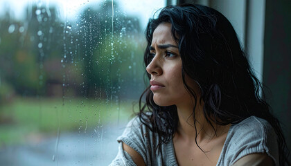 A cinematic close-up captures a young, melancholy woman looking out a window covered in raindrops on a muted, rainy day.