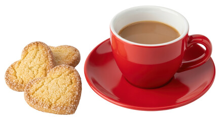 Isolated Red Cup of Coffee and Heart Cookies