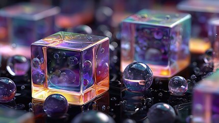 High-resolution 3D wallpaper displaying transparent cubes and spheres layered with glowing edges, designed for sleek and futuristic digital wallpapers and user interfaces.