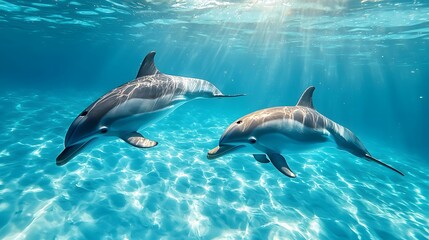 Naklejka premium Dolphins swimming underwater scene