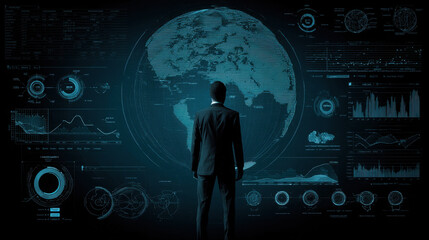 Business professional stands front of large digital display showcasing global data and analytics. futuristic interface features graphs, charts, and world map, emphasizing technology and data