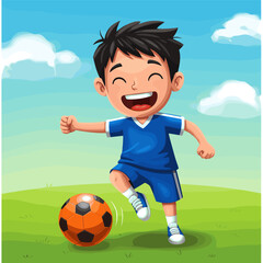 Cartoon soccer kids with a green field and an orange ball. Simple gradient clip art illustration.