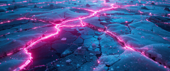 Fototapeta premium Vivid neon lightning cracking through icy surface futuristic landscape digital art night scene high perspective