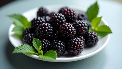 Top Down Macro Shot of Fresh Blackberry on White Ceramic