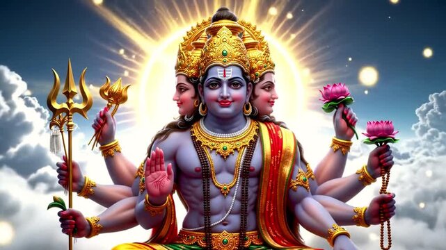 Animation of   lord Brahma  with three heads and multiple arms sits gracefully on golden lotus above the clouds  and glowing golden aura in the background