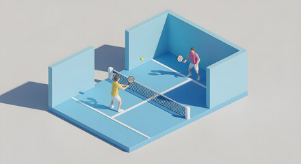 Isometric illustration of two people playing padel tennis inside a blue court structure.