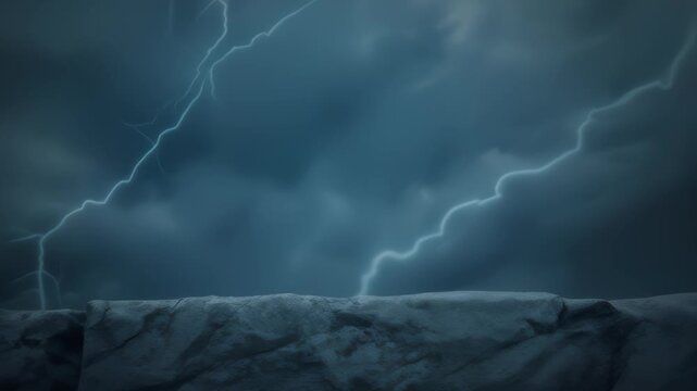 Red fox emerges from behind rock wall during lightning storm