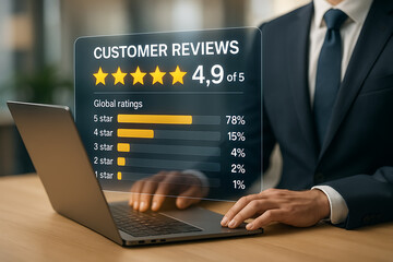 Businessman checking digital screen with customer reviews, star ratings and analytics data representing reputation and feedback