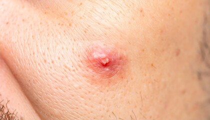 Fototapeta premium Close-up view of a red, inflamed skin lesion on a human face.