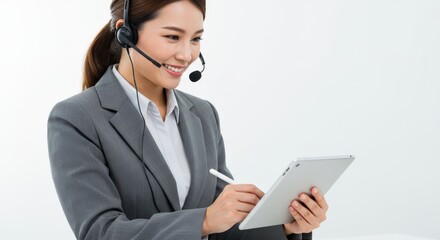 Smiling Asian Woman with Headset and Tablet Customer Service.