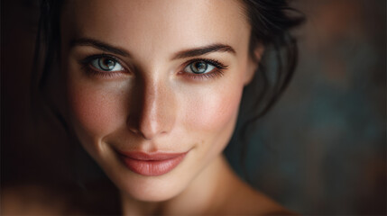 Fototapeta premium Close up portrait of woman with striking blue eyes and warm smile, showcasing her natural beauty and flawless skin. soft lighting enhances her features, creating inviting and serene atmosphere