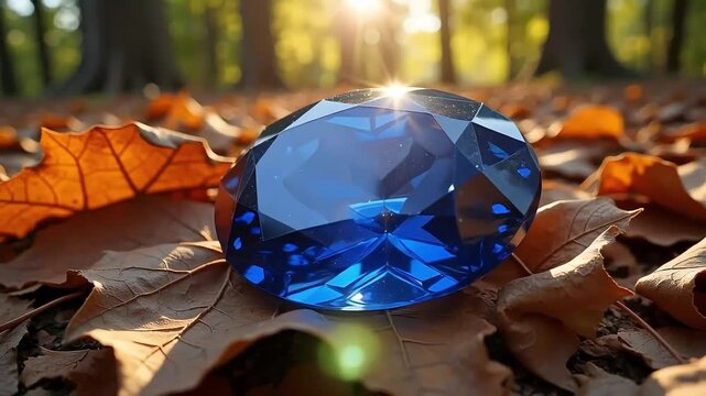 A large blue gemstone rests on fallen autumn leaves in a forest with sunlight shining through trees