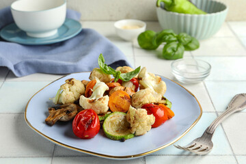 Plate with grilled vegetables and basil on white tile background
