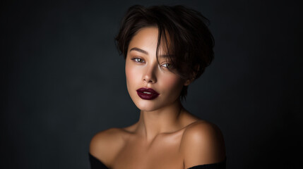 Fototapeta premium Elegant portrait of woman with short hair, showcasing bold dark lip color against dark background. soft lighting highlights her facial features, creating striking and sophisticated look