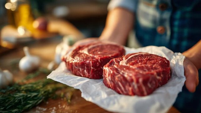 High-quality raw beef fillets with intricate marbling are showcased on a rustic kitchen table, surrounded by herbs and garlic for a gourmet touch.