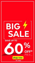 Modern red big sale banner template with up to 60% discount offer. Perfect for e-commerce promotions, mobile ads, social media campaigns, fashion store offers, flash sales, and digital marketing