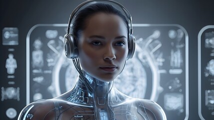 Futuristic woman with headphones immersed in glowing digital medical data interfaces
